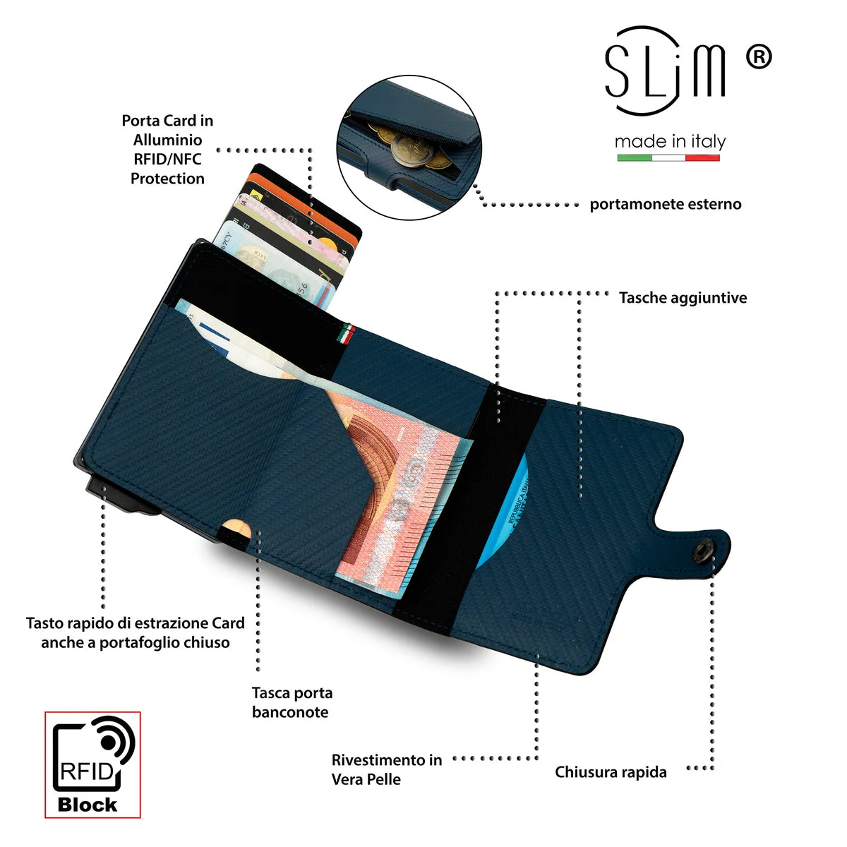 Portafoglio SLIM CARBON BLU