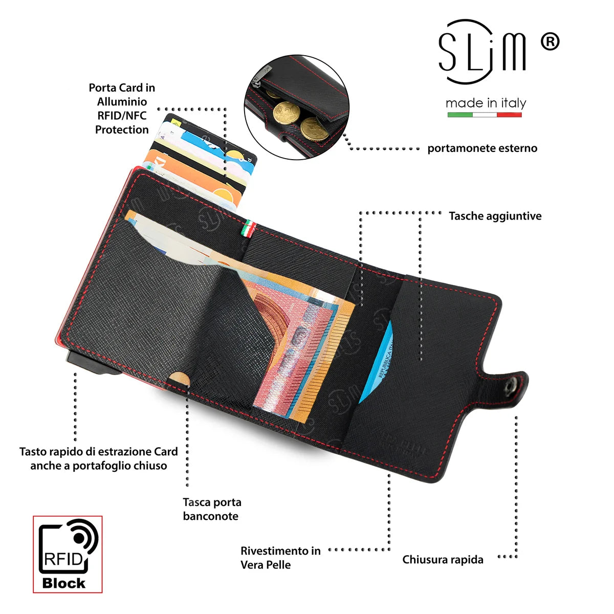 Portafoglio SLIM SAFFIANO NERO&ROSSO